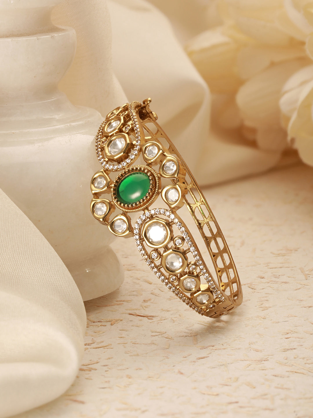 Gold Polish  Green Emerald Kundan  Mossanaite Studded  Floral Openable Kada Bracelet